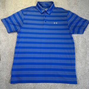 Under Armour Polo Shirt Men Large Blue HeatGear Loose Breathable Stretch Striped